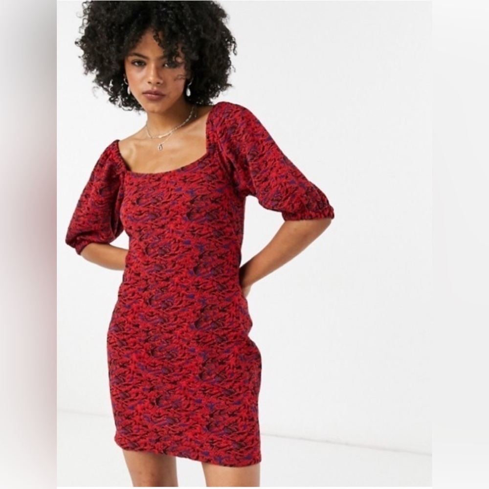 Free People Red Sunset Puff Sleeve Mini Dress